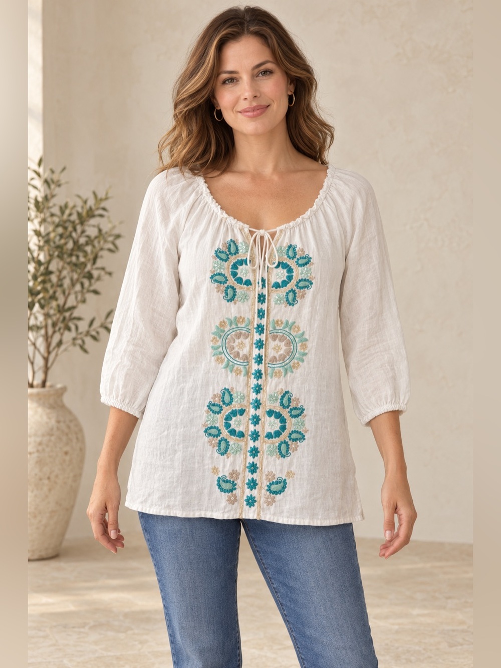 Charter Club Linen Embroidered Peasant Tunic Large